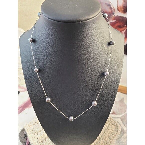 Sterling Silver Grey Pearl Necklace 18" Floating Freshwater Minimalist Jewelry - Picture 2 of 7